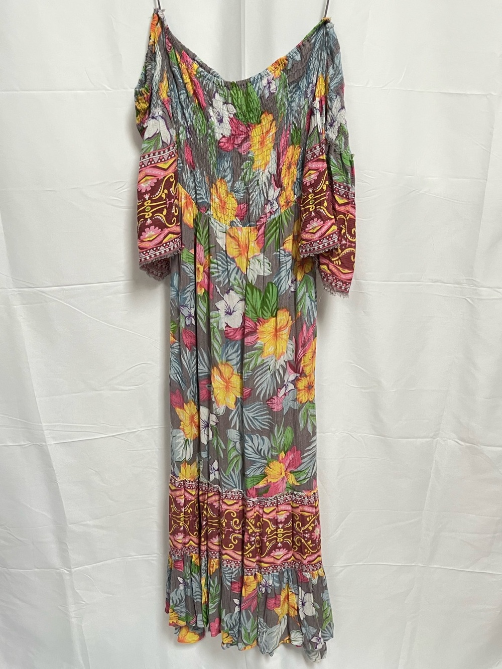 Floral Off-Shoulder Boho Maxi Dress in Gray with Yellow & Pink Blooms
